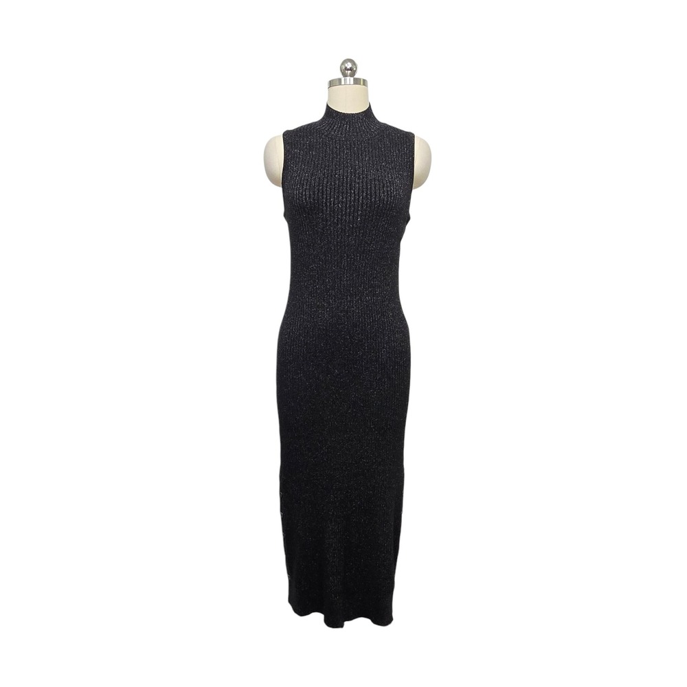 PAIGE Black Metallic Ribbed Mock Neck Sleeveless Maxi Sweater Dress Womens S